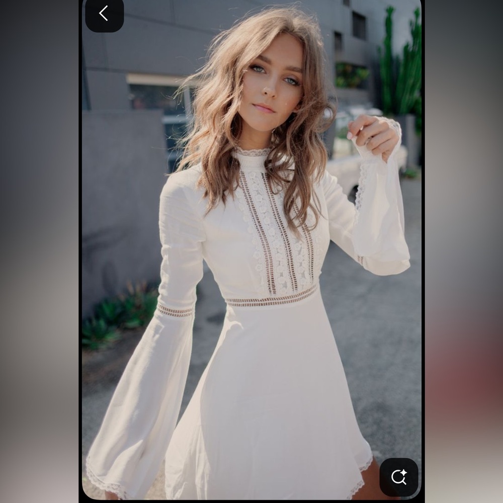 For Love & Lemons White Lace Bell Sleeve Mini Dress Boho Festival Cottagecore S